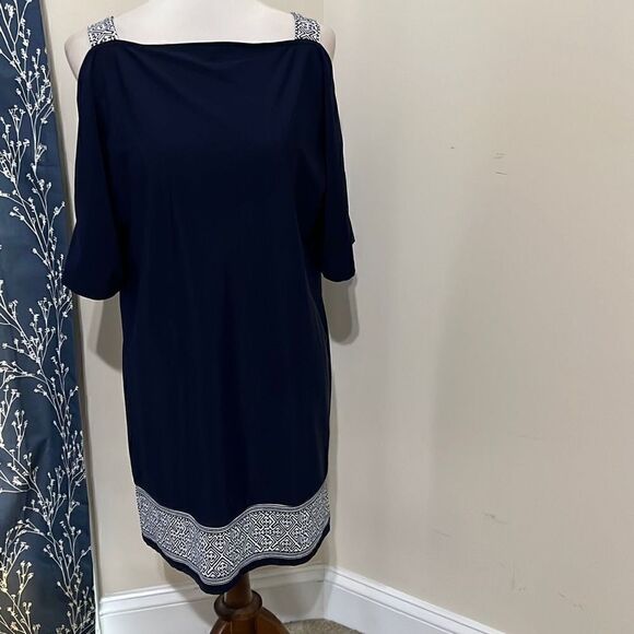 Jude Connally Cold Shoulder Cut Out Navy Dress Stretch Packable sz M Medium - Picture 1 of 5